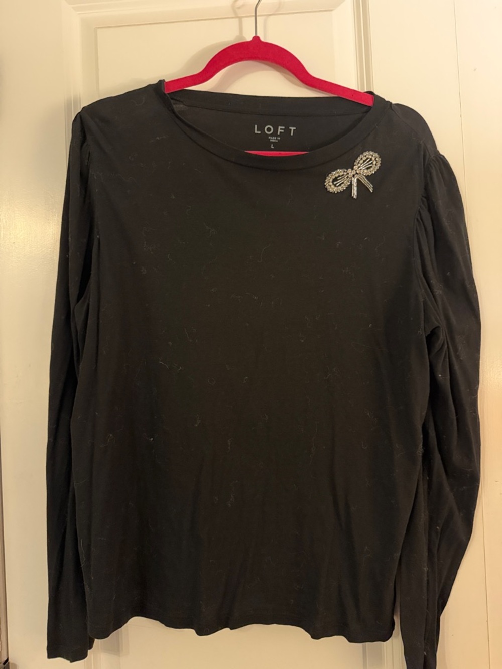 LOFT Black Long Sleeve Top with Rhinestone Bow Accent